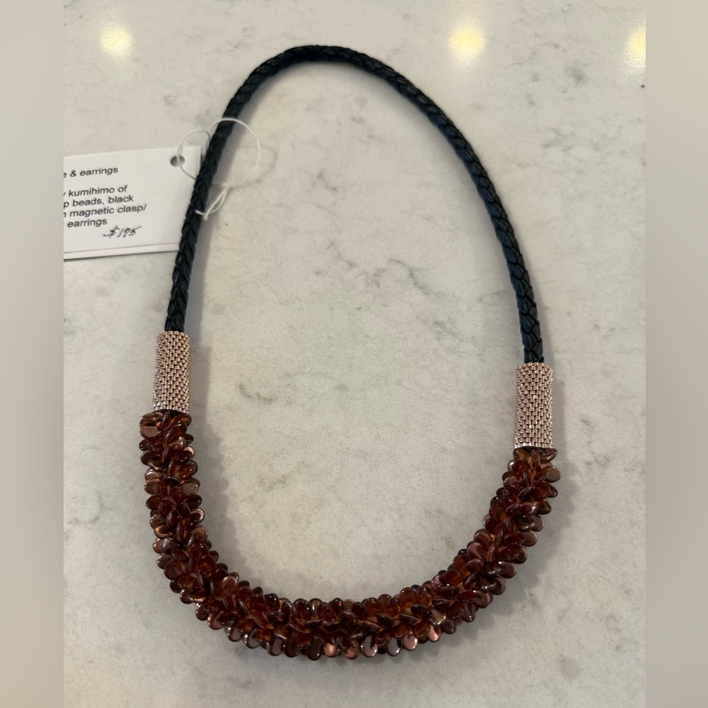 NWT - Kumihimo garnet colored crystals and black leather necklace + earrings